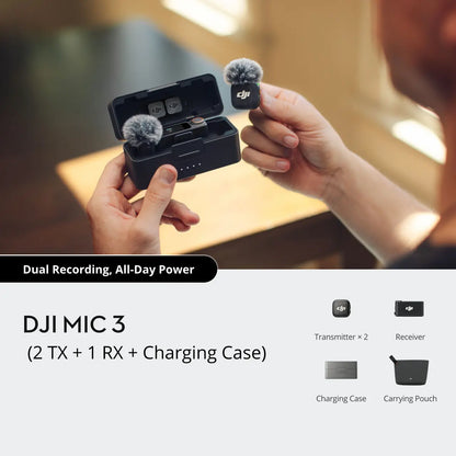 DJI MIC 3 wireless microphone set with transmitter, receiver, and charging case held by hands.