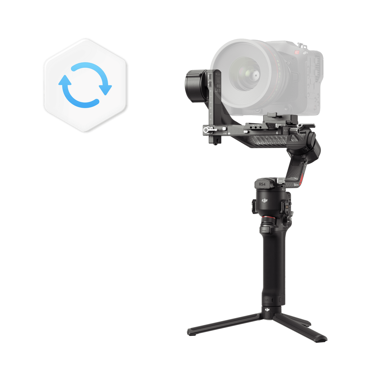 Camera stabilizer with a lens on a black background, featuring a brand logo.