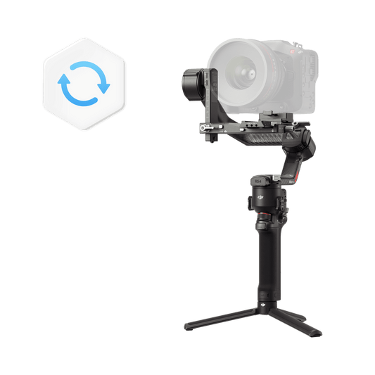 Camera stabilizer with a lens on a black background, featuring a brand logo.