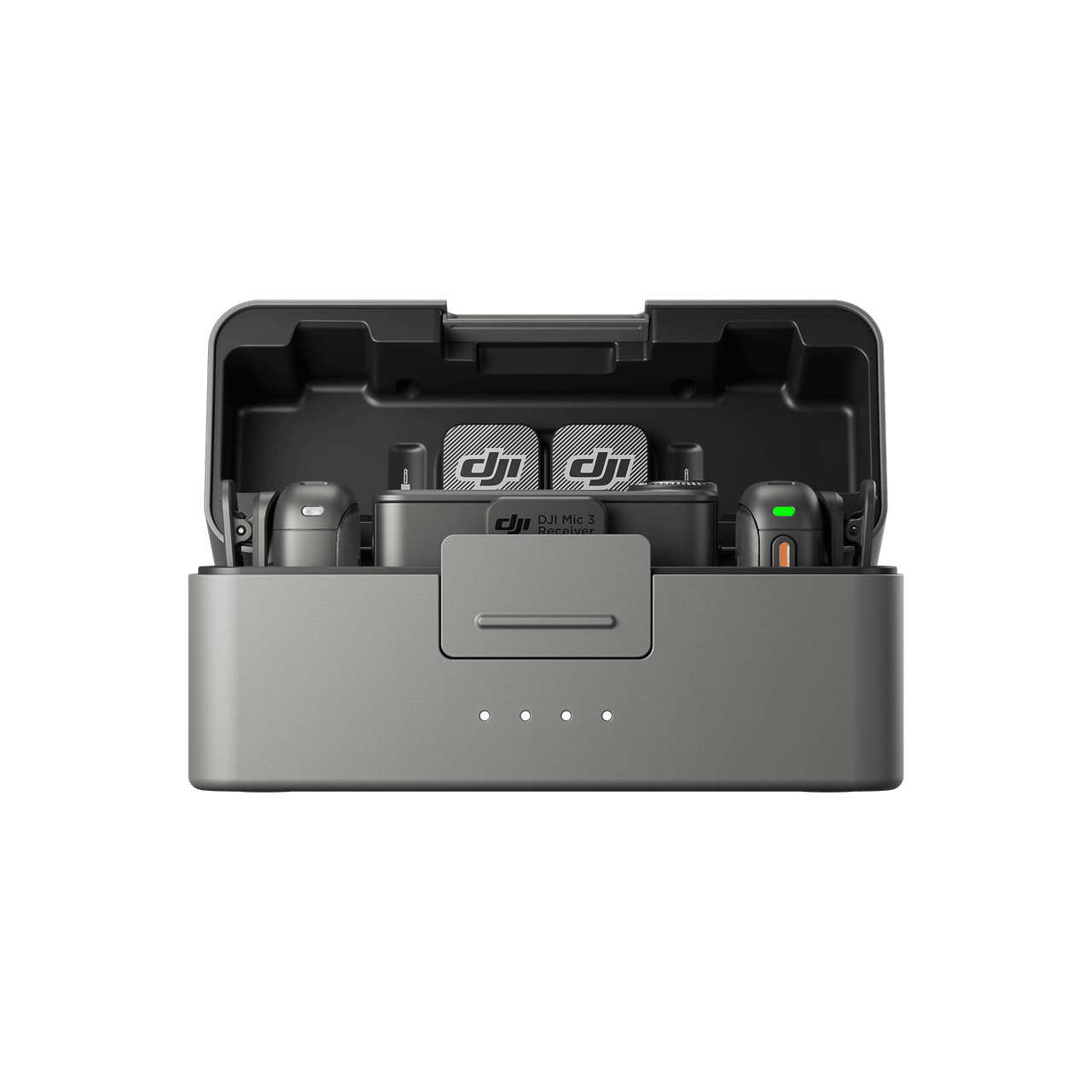 Gray battery charging station with DJI Mic 3 logo on a black background