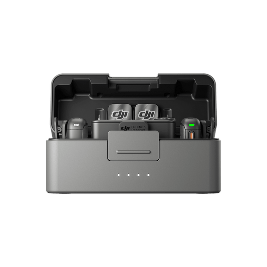 Gray battery charging station with DJI Mic 3 logo on a black background