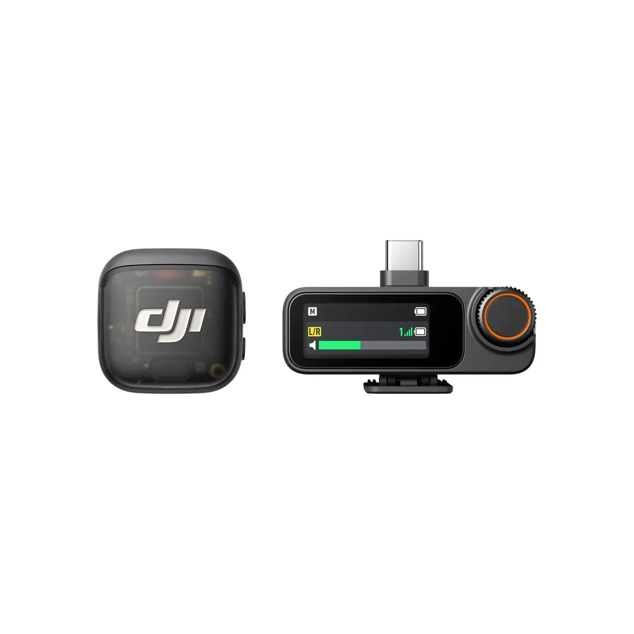 DJI Mic 3 Two electronic devices with a visible DJI logo on a white background