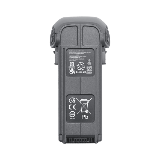 Gray battery with recycling and certification symbols on a white background