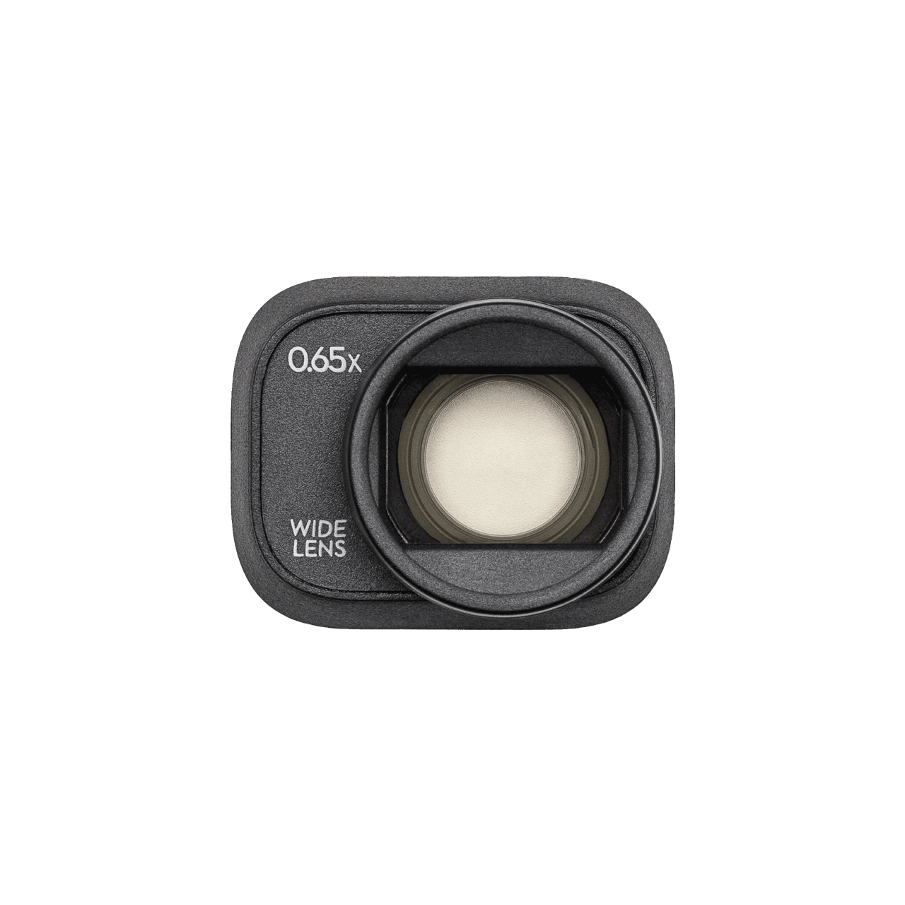 Camera lens with '0.65x Wide Lens' text on a black background