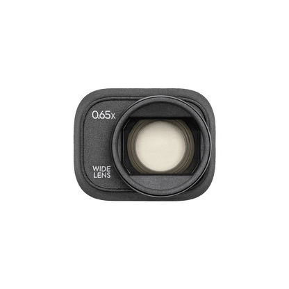 Camera lens with '0.65x Wide Lens' text on a black background