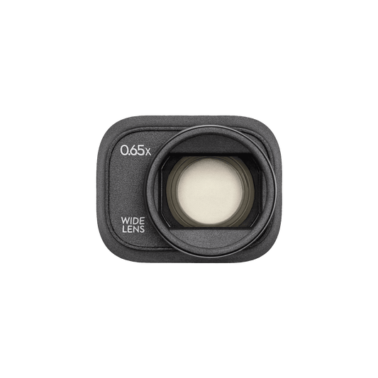 Camera lens with '0.65x Wide Lens' text on a black background