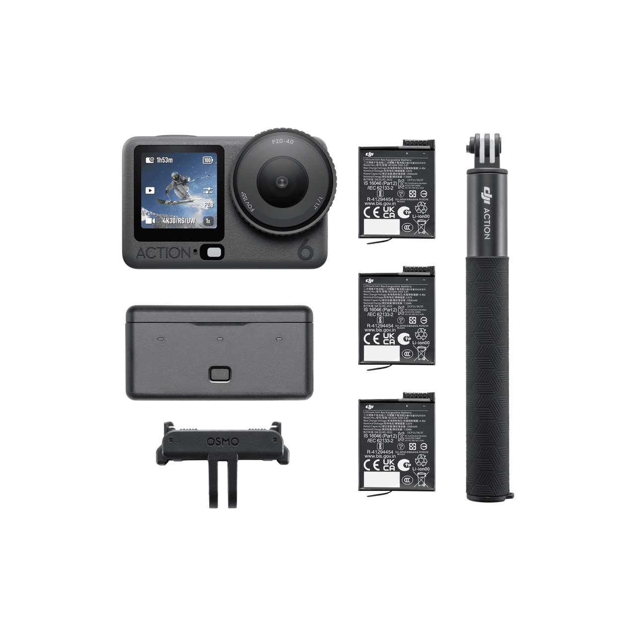 Collection of DJI Action camera accessories on a white background