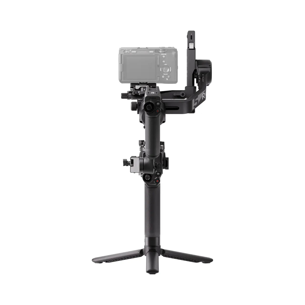 Camera stabilizer with a camera attached on a white background