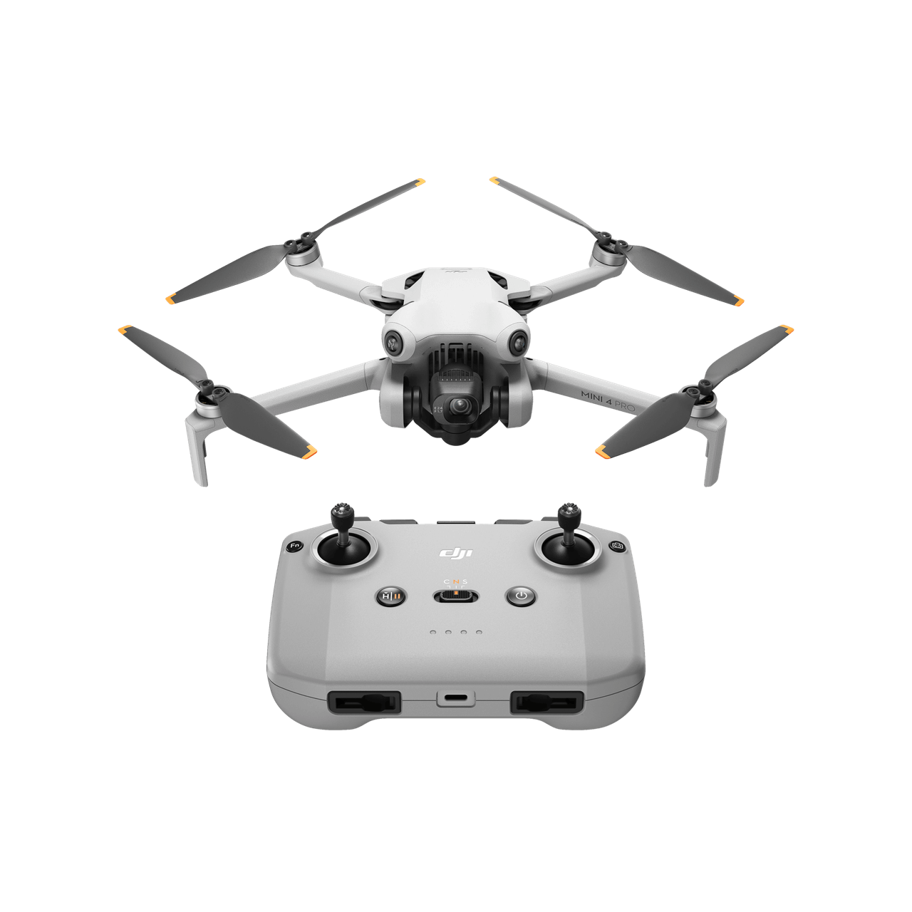 DJI mini 4 pro White drone with propellers and a remote control on a black background