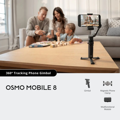 Family playing a board game with a smartphone on a 360° tracking phone gimbal in a living room.