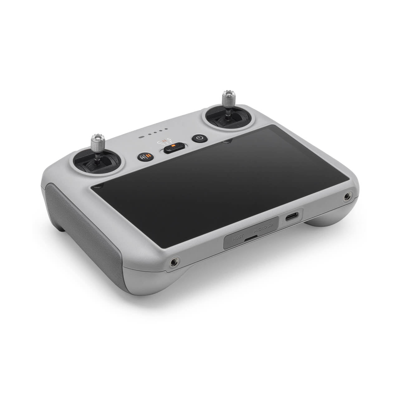 Drone controller with screen and joysticks on a white background