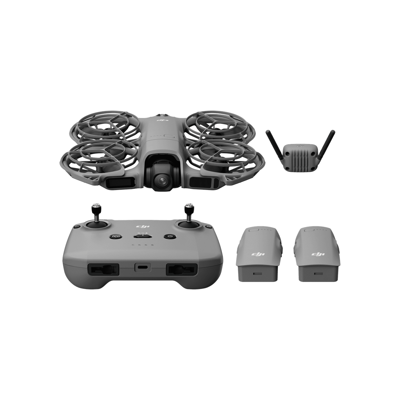 Drone and its components on a black background