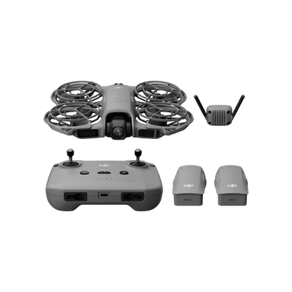 Drone and its components on a black background