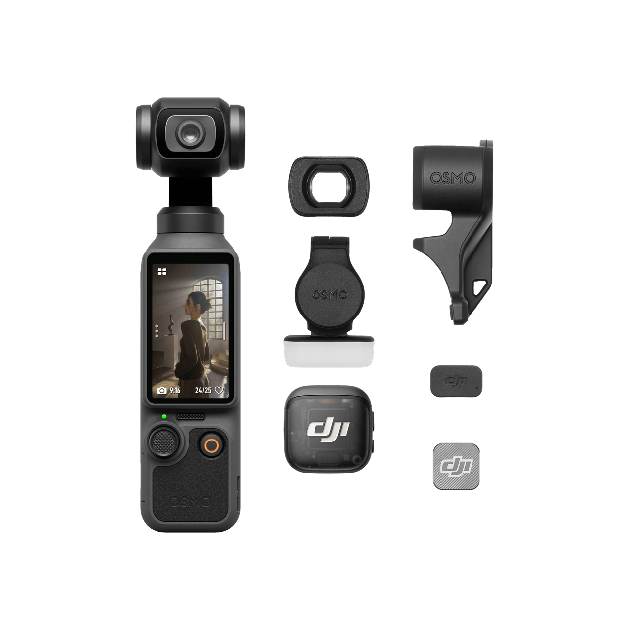 DJI Osmo Pocket camera and accessories on a black background