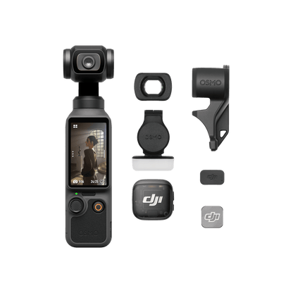 DJI Osmo Pocket camera and accessories on a black background