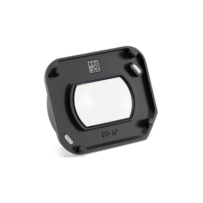 Black metal bracket with a clear square component on a white background