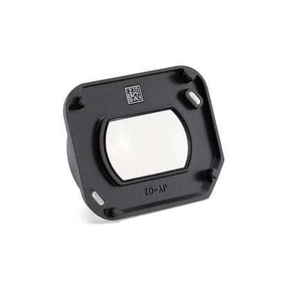 Black metal bracket with a clear square component on a white background