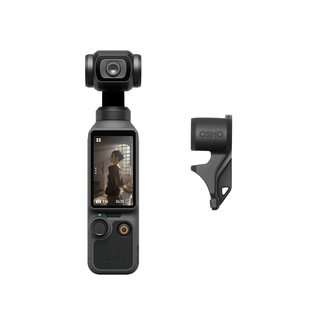 Black handheld camera with screen and Osmo branding on a white background
