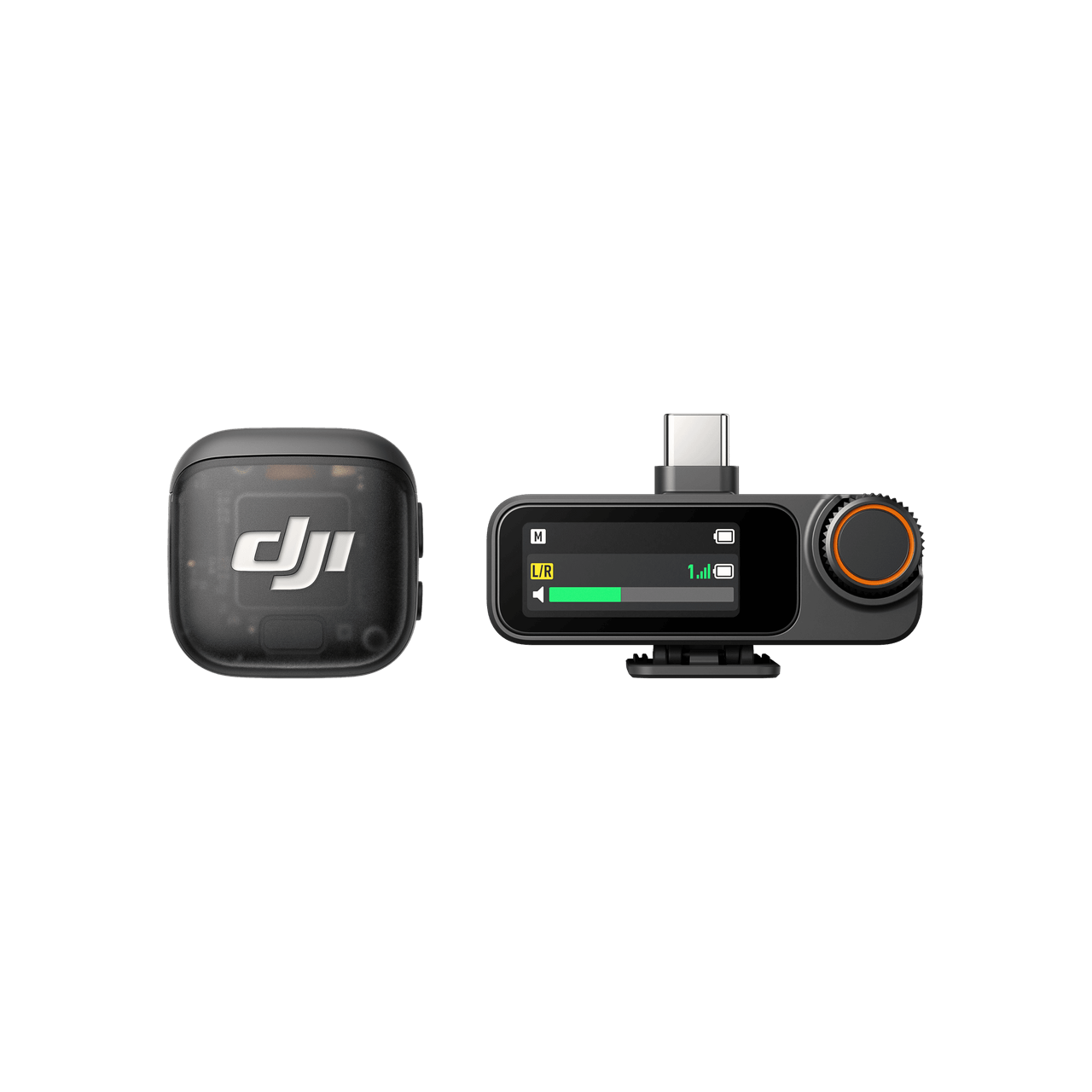 DJI Mic 3 Two electronic devices with DJI logo on a black background