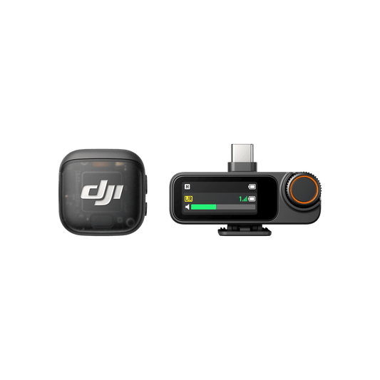 DJI Mic 3 Two electronic devices with DJI logo on a black background
