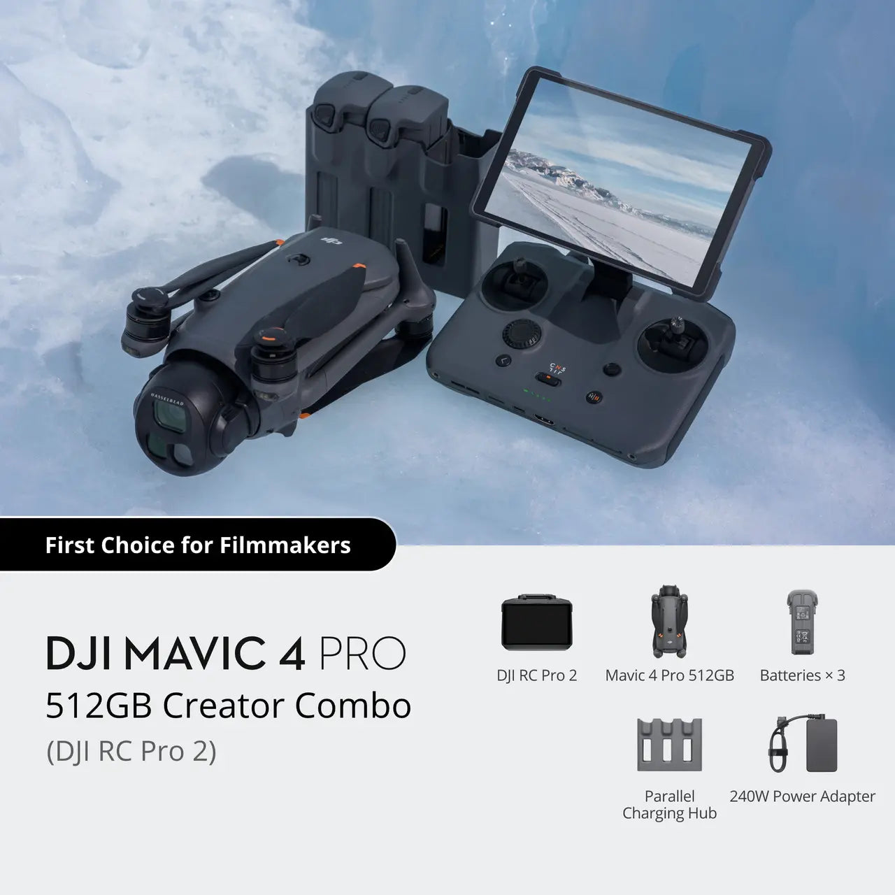 DJI Mavic 4 Pro creator combo drone and controller with accessories on a snowy background