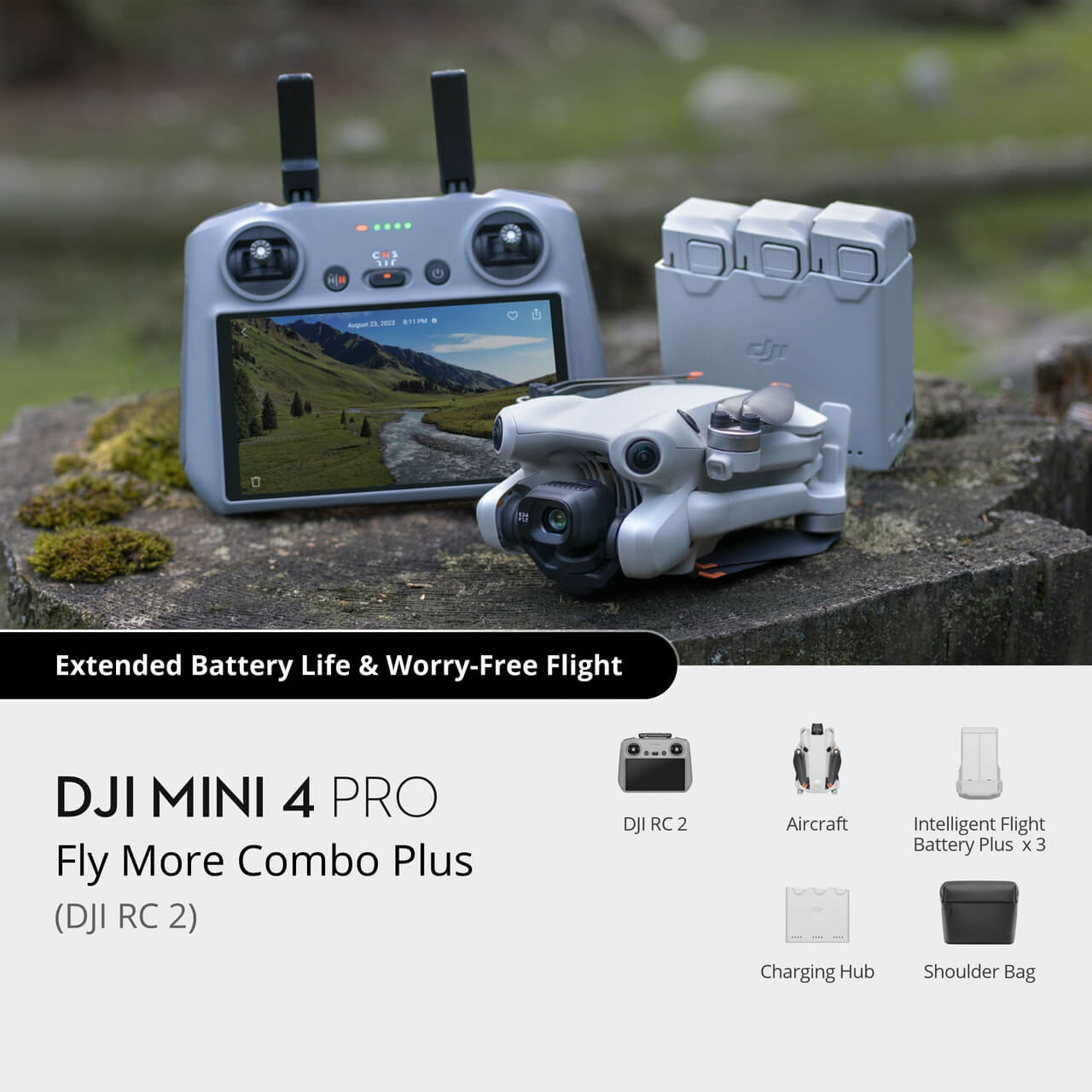 DJI Mini 4 Pro Fly More Combo Plus with remote control and accessories on a natural background