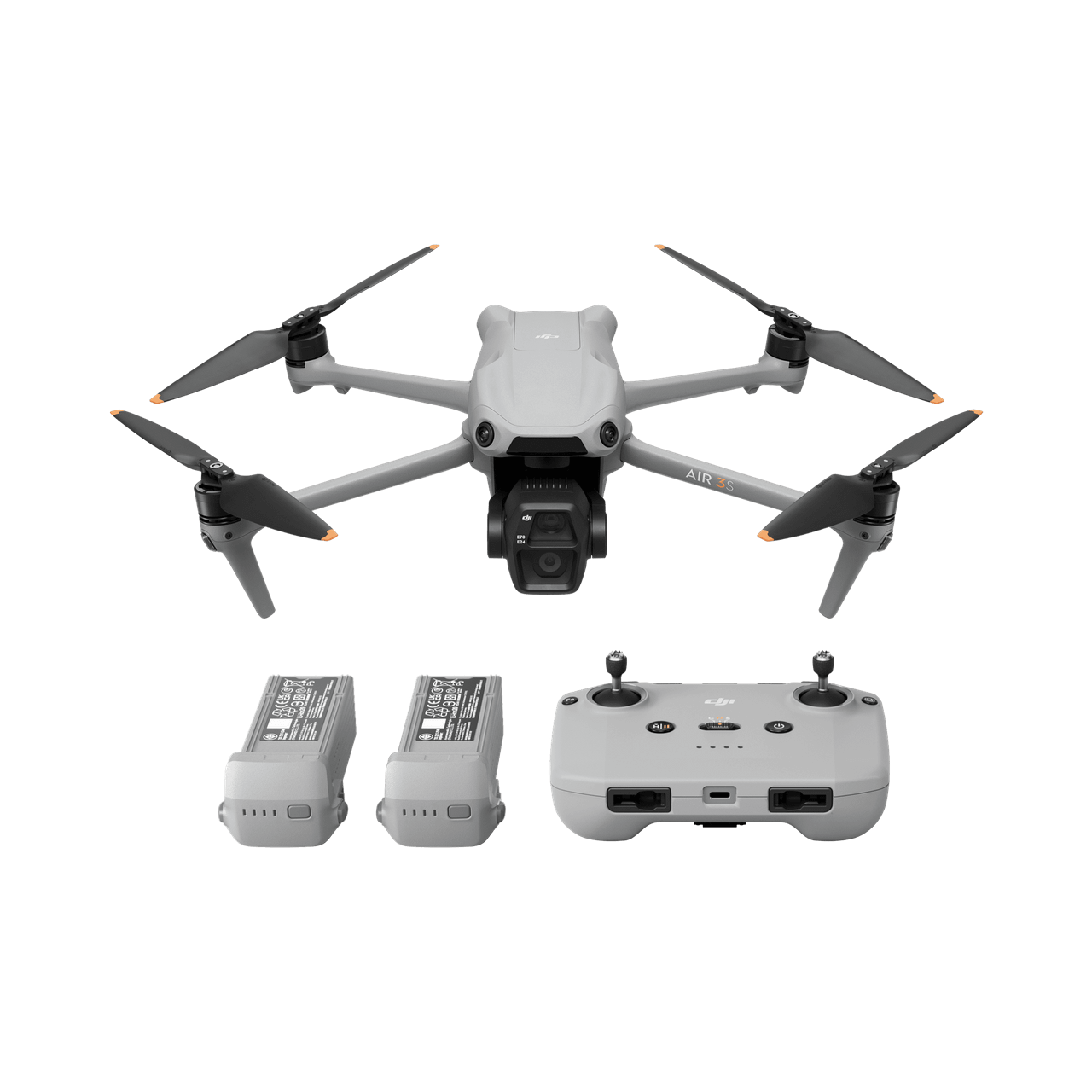 DJI Air 3S White drone with two batteries and a remote control on a black background