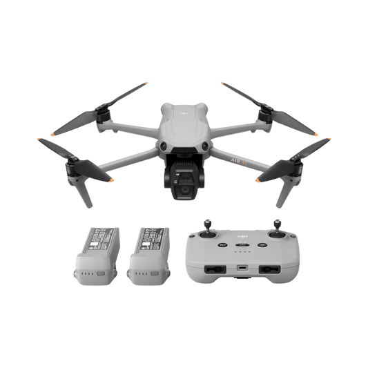 DJI Air 3S White drone with two batteries and a remote control on a black background