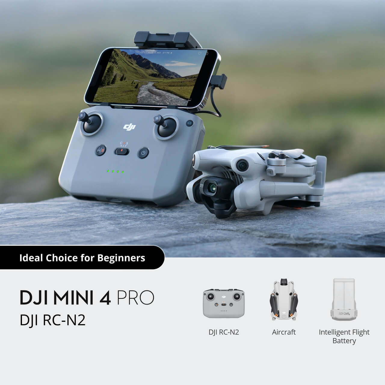 DJI Mini 4 Pro drone controller with smartphone on a rock, with text 'Ideal Choice for Beginners' and product names.