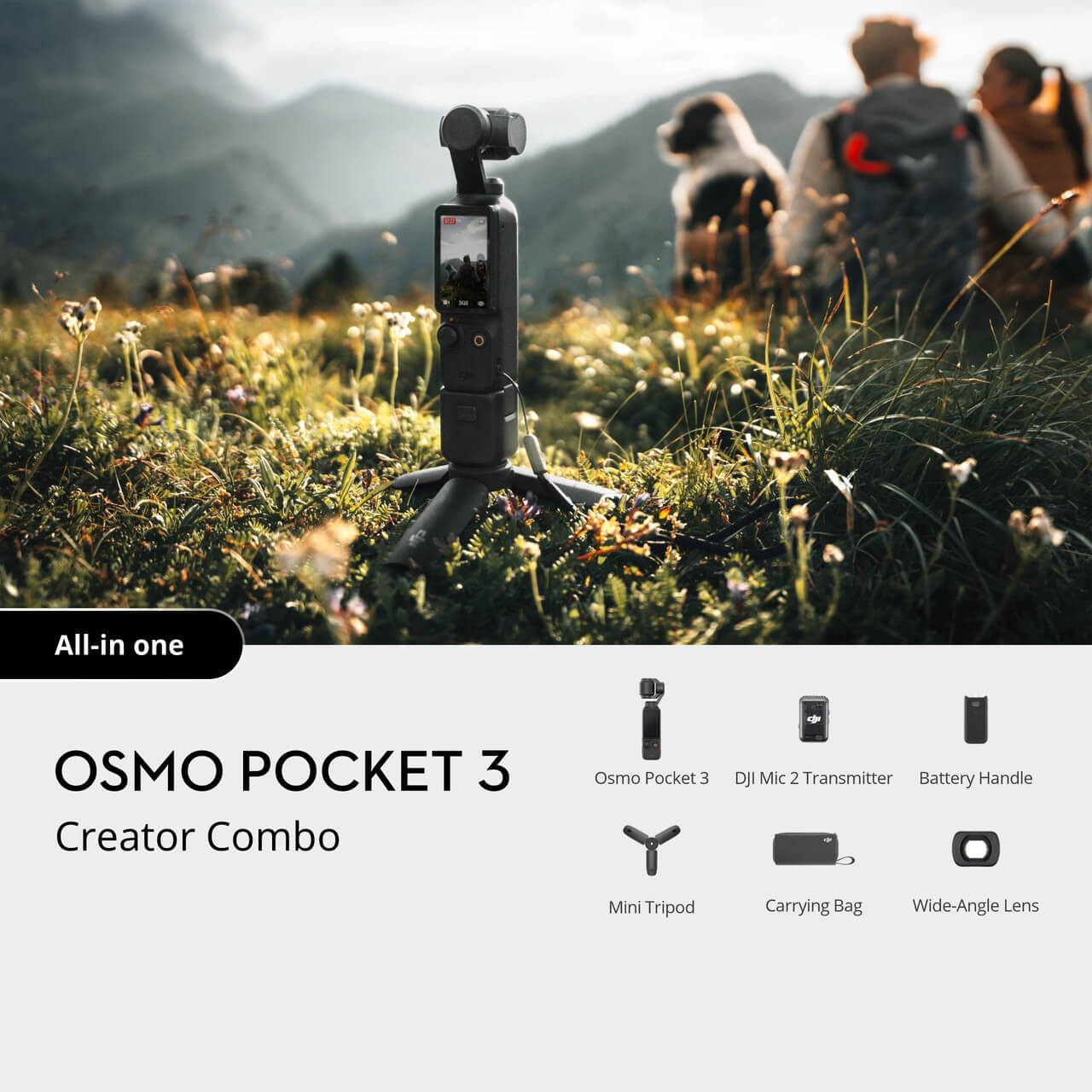 OSMO Pocket 3 Creator Combo with a person and dog in a scenic background