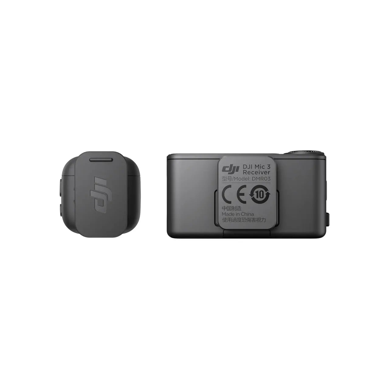 Two black DJI Mic 3 electronic devices with DJI logos on a white background