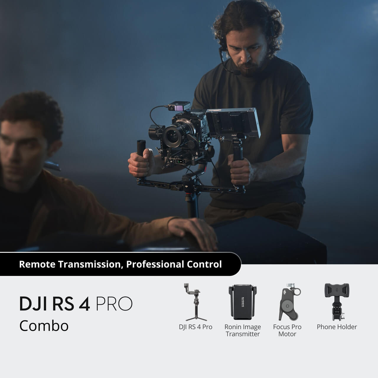 man holding DJI RS 4 Pro combo with camera shooting in blue background