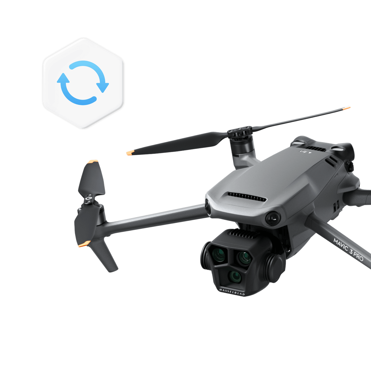 Gray drone with camera on a black background, featuring a brand logo.