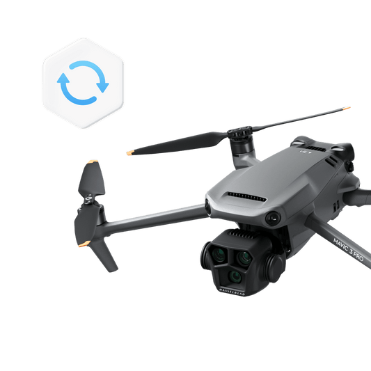 Gray drone with camera on a black background, featuring a brand logo.