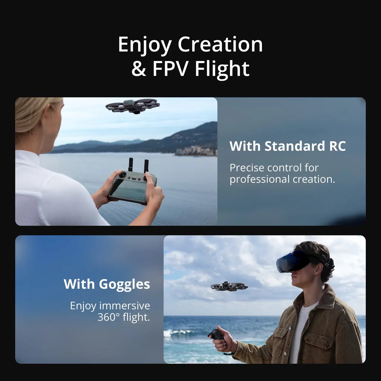 Person controlling a drone with a remote control and wearing goggles, with scenic background.