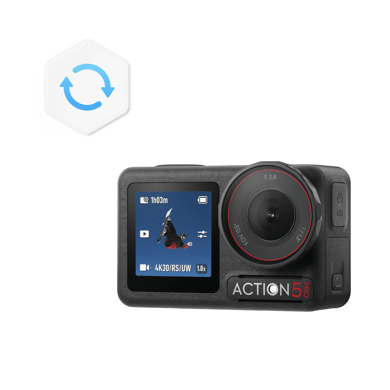 Action camera with display and 'ACTION' branding on a black background