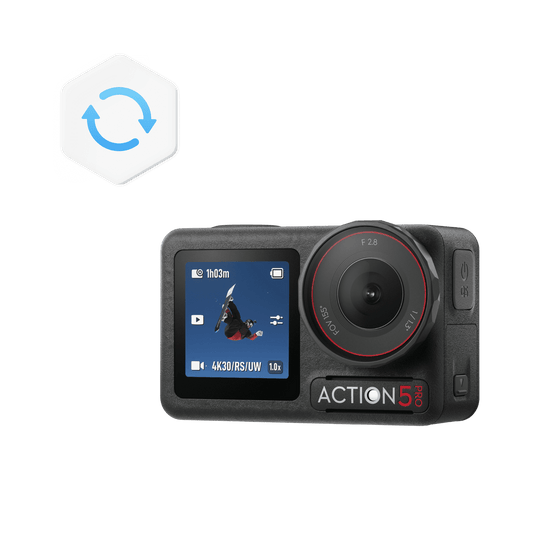 Action camera with display and 'ACTION' branding on a black background