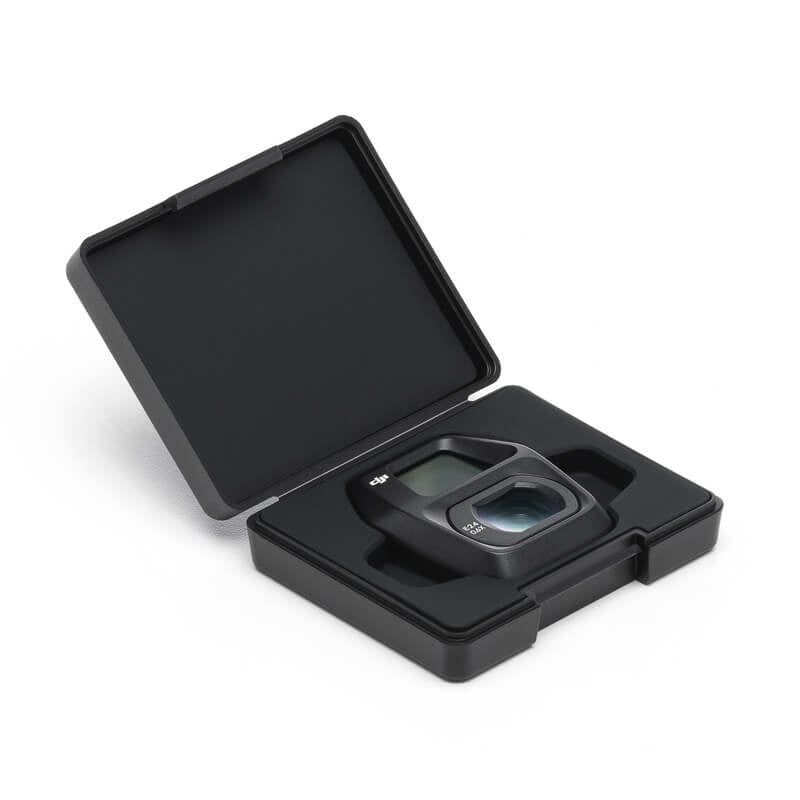 Black camera lens in a protective case on a white background