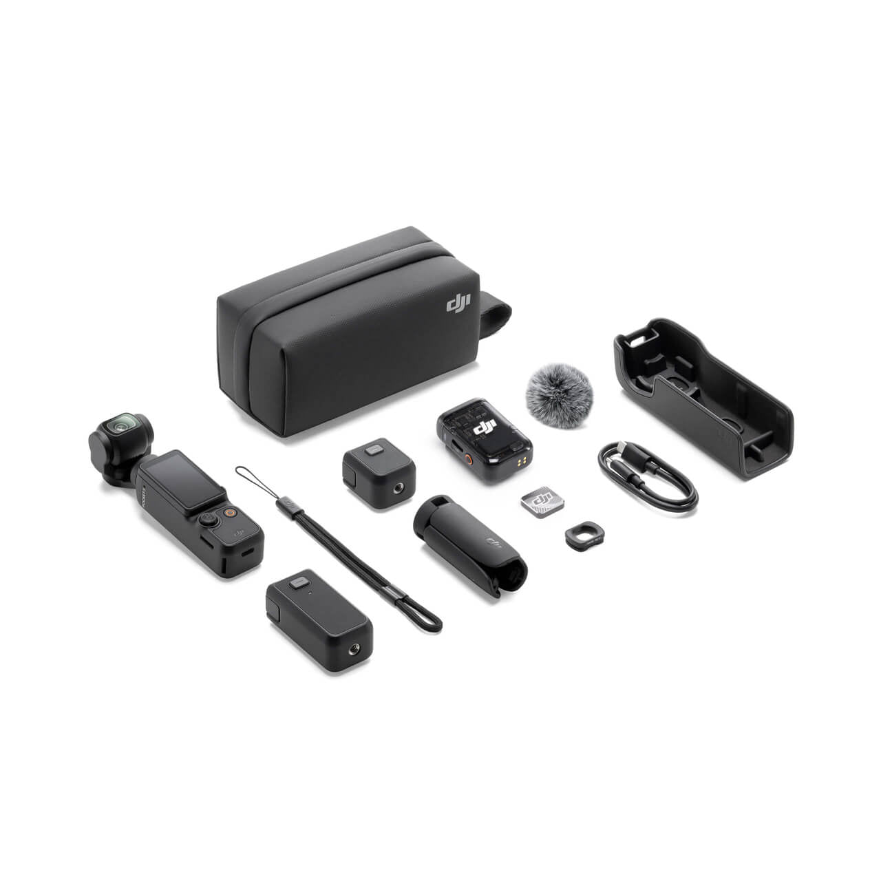 Collection of DJI osmo pocket 3 creator combo black camera accessories with a DJI logo on a white background
