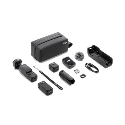 Collection of DJI osmo pocket 3 creator combo black camera accessories with a DJI logo on a white background