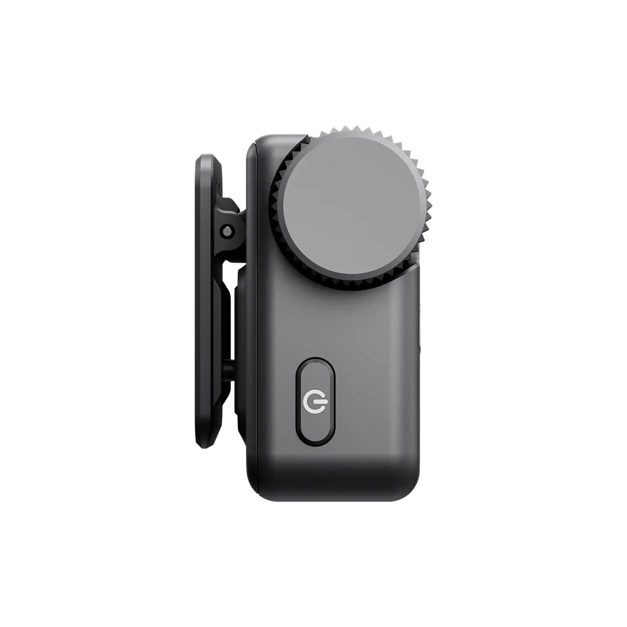 Black DJI Mic Mini camera microphone with clip on a white background