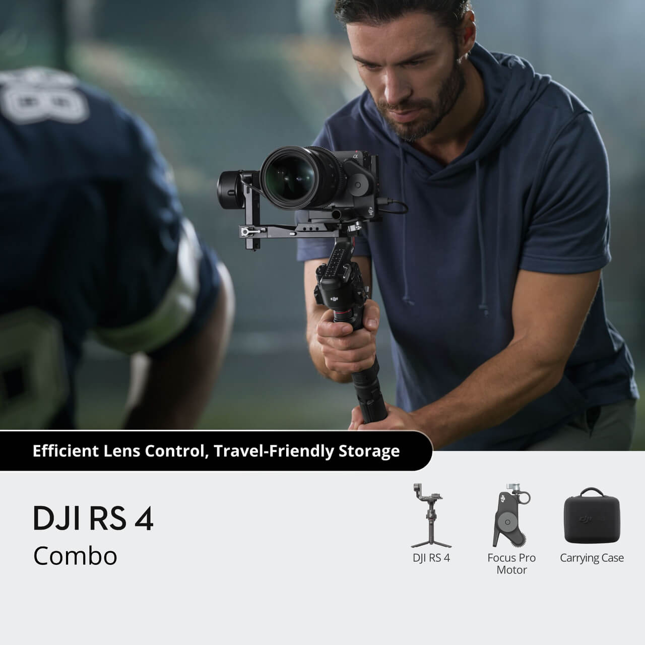 Man holding DJI RS 4 combo with camera shooting in green background