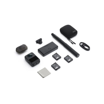Collection of Osmo 360 black electronic devices and accessories on a white background