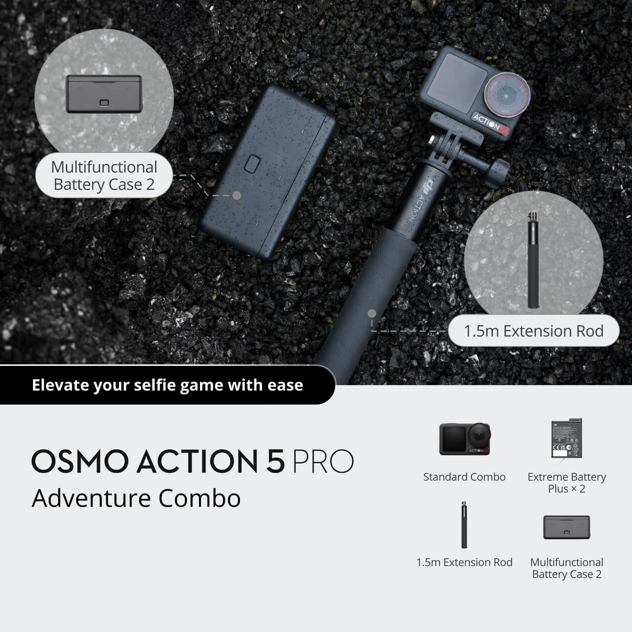 Osmo Action 5 Pro Adventure Combo with accessories on a dark textured background