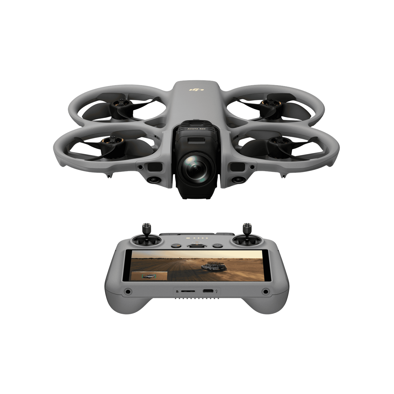 Drone with camera and remote control on a black background