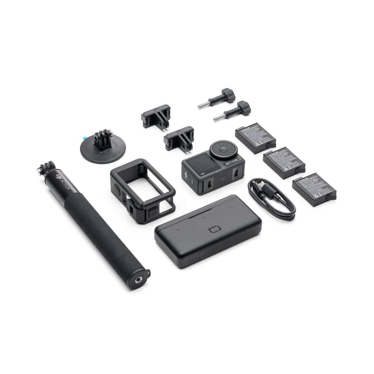 Collection of black Osmo Action 3 camera accessories on a white background