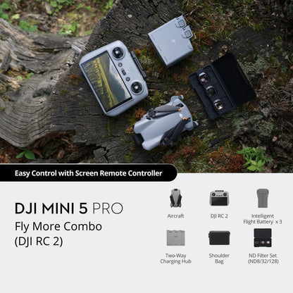 DJI Mini 5 Pro Fly More Combo on a wooden surface with accessories.