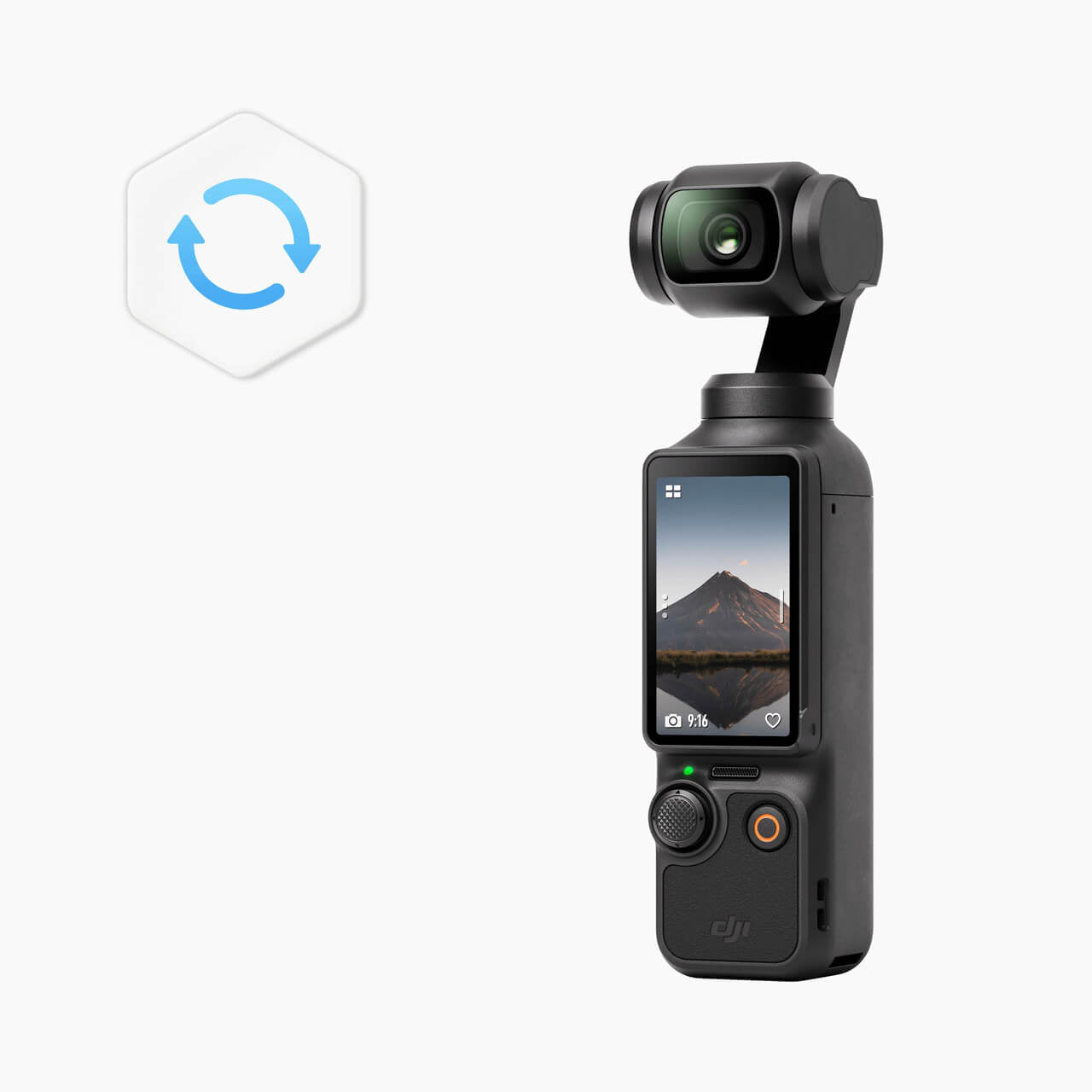Black handheld camera with screen displaying a mountain scene on a white background