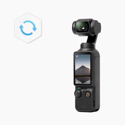 Black handheld camera with screen displaying a mountain scene on a white background