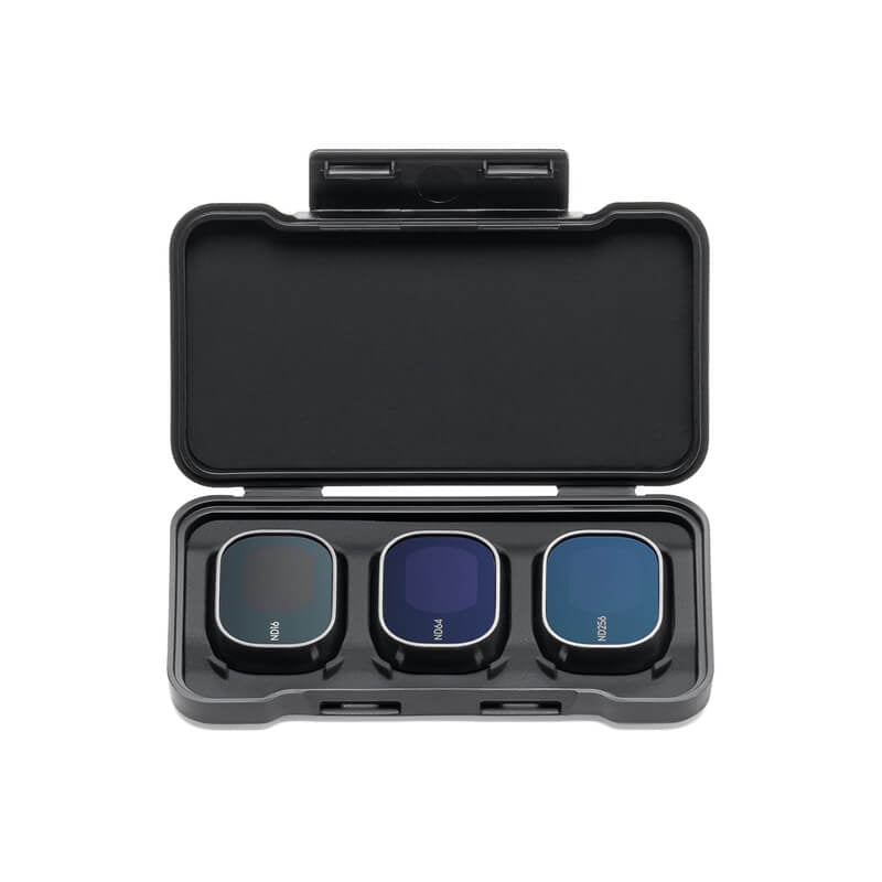 Black carrying case with three filter compartments on a white background